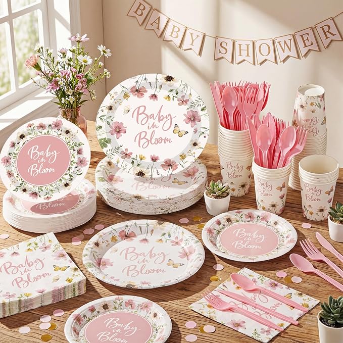 Funnymoom 400 Pcs Baby in Bloom Party Supplies for 50 Guests Pink Floral Baby Shower Paper Plates and Napkins Knives Spoon Fork Cup Disposable Wildflower Dinner Party for Spring Greenery Favor