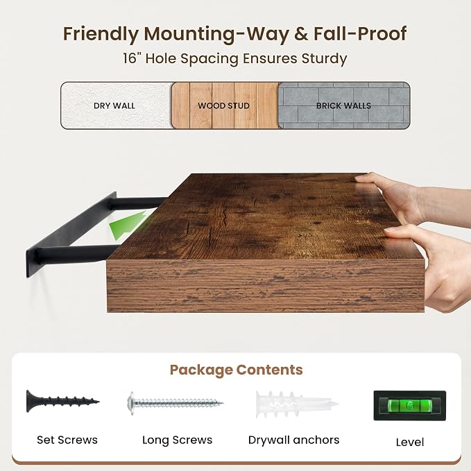 FLYJOE 48 Inch Floating Shelves, 12'' Deep Brown Shelves for Wall Set of 1