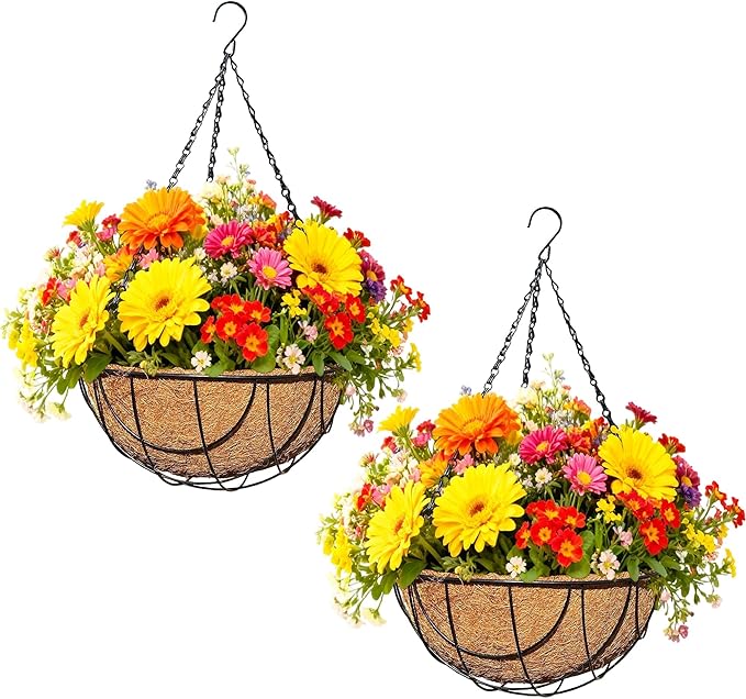 2 Pack 12 Inch Metal Outdoor Hanging Baskets Black Heavy Duty Hanging Planters with Coco Liners for Indoor Outdoor Plants Gardens Patios Terraces（Earth）