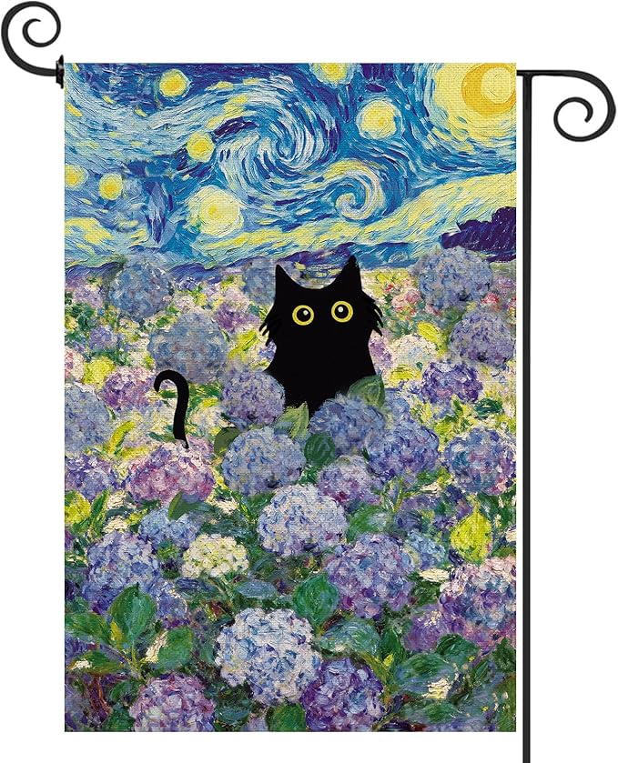 Baccessor Spring Summer Cat Garden Flag 12.5x18 Inch Double Sided Burlap with Clip and Stopper, Hydrangea Flowers Flags Starry Night Yard Lawn Seasonal Farmhouse Outside Outdoor Decoration