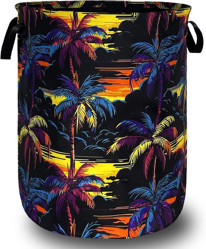 Palm Trees Laundry Basket Oxford Cloth Foldable Hamper 18.9x16.5 Inch | Hawaii With Handle Large-Capacity Tote Bag Laundry Hamper Clothes Storage Bucket Toy Organizer For Bathroom,Laundry,Bedroom