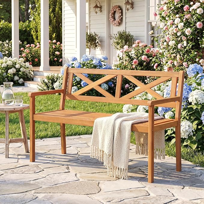 Tangkula Acacia Wood Outdoor Loveseat Bench, 2-Person Patio Garden Bench with Armrests & Backrest, Slatted Wooden Outside Seating Furniture for Backyard, Porch, Deck (X-Shaped Backrest)