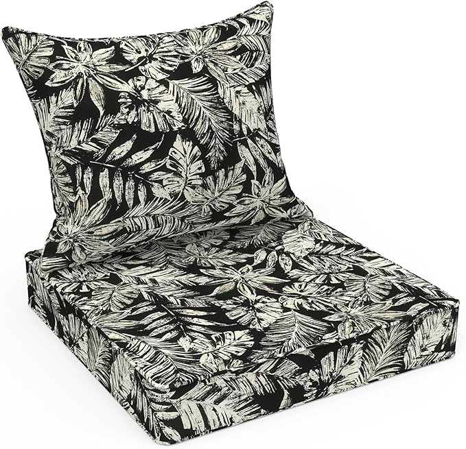 LVTXIII Outdoor/Indoor Deep Seat Cushion Patio Seat and Back Cushion Set All-Weather Replacement Chair Cushion for Wicker Chairs and Garden Furniture Decoration, 24"x24"x4", Tropical Leaf Black