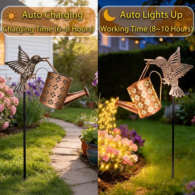 Solar Watering Can with Cascading Lights Outdoor Garden Decor, Bronze Hummingbird Gardening Gifts for Women Mom Grandma Birthday, Solar Lights for Garden Decorations Patio Yard Lawn Backyard