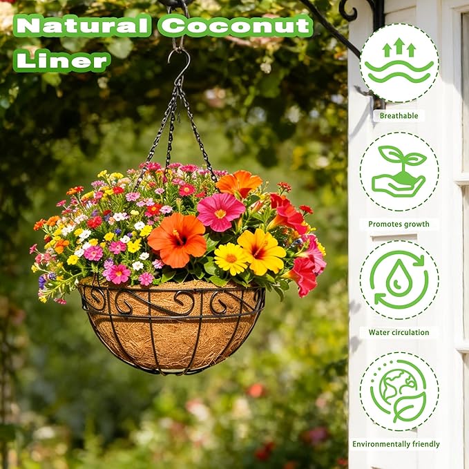 2 Pack 12 Inch Metal Outdoor Hanging Baskets Black Heavy Duty Hanging Planters with Coco Liners for Indoor Outdoor Plants Gardens Patios Terraces（Lace）