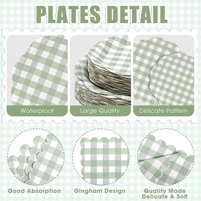 Funnymoom 400 Pcs Gingham Party Supplies for 50 Guests Green and White Paper Plates and Napkins Knives Spoons Forks Cups Disposable Checkered Dinner Party Set Cutlery for Baby Shower Wedding Favor