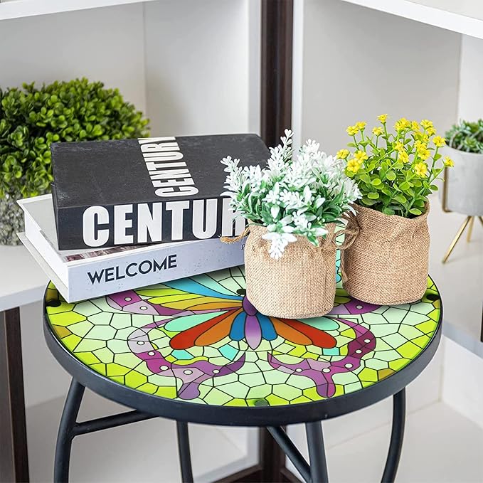 Arbuxzuy 2PCS 12 Inch Small Outdoor Side Table with Colorful Butterfly, Glass Mosaic Patio Table Indoor, Round Plant Coffee Table for Living Room, Balcony, Garden