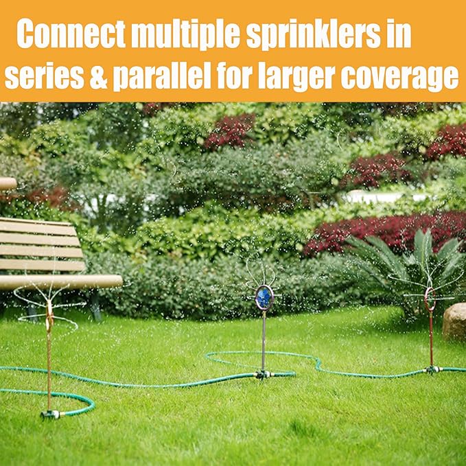 Metal Flower Sprinkler Head,Dual-Purpose Garden Decor & 360° Lawn Irrigation System,22-Inch Coverage Diameter (Copper/Blue)