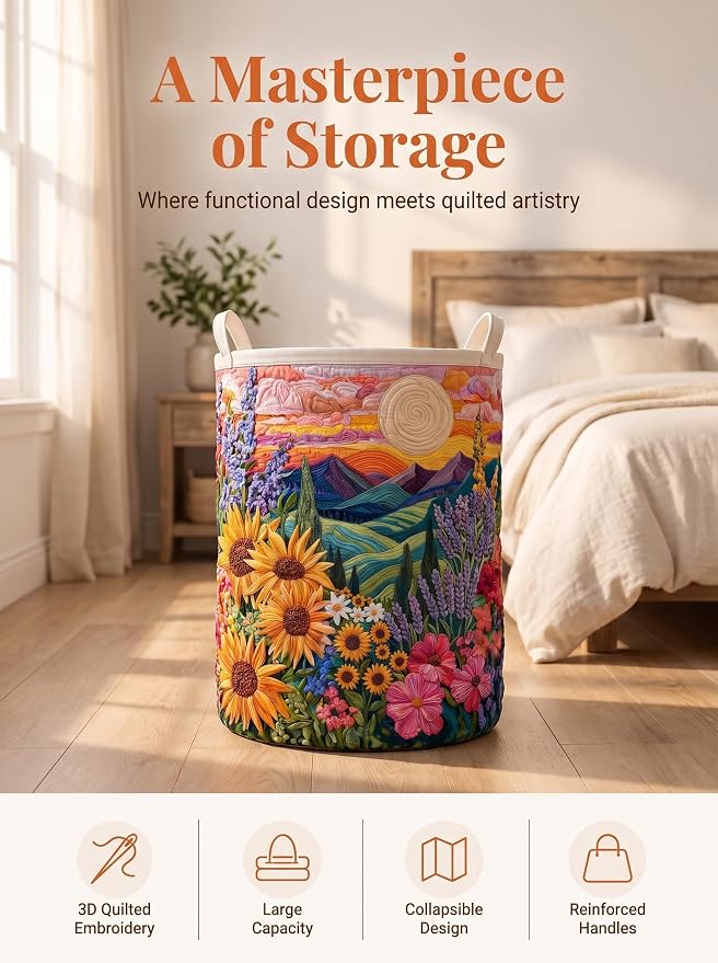 Quilted Laundry Basket with Handles, Boho Floral Quilted Storage Hamper, Large Capacity Laundry Hamper for Nursery Bedroom Laundry Room Home Decor (Pattern 12, Medium (22"H x 16"W x 16"L))