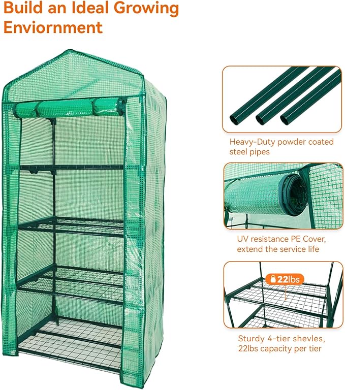 Mini Greenhouse for Outdoor Indoor,4 Tier Small Portable Green Houses with Improved PE Cover,Roll-up Zipper Warm House,Grow House for Seedling and Plant Growing (64x27x20inch),Green