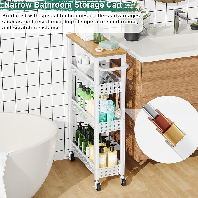 Laundry Room Slim Rolling Cart with Wheels for Between Washer and Dryer Gap | Utility Narrow Laundry Room Organization and Storage Shelves, White Skinny Shelf with Table Top,Detergent Organizer Cabinet