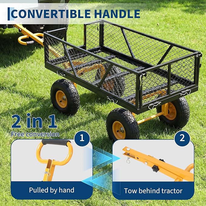 Heavy Duty Steel Garden Cart, 950 LBS Load Capacity Garden Wagon with 10 inch Tire and 180° Rotating Handle Attach to ATV or Tractor, Black