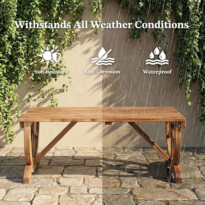 Outvita 39'' Outdoor Wooden Bench, 2-Person Rustic Wagon Wheel Bench with Slatted Seat and Carbonized Fir Wood Construction, Weather-Resistant Garden Bench for Patio, Porch and Backyard(Light Brown)