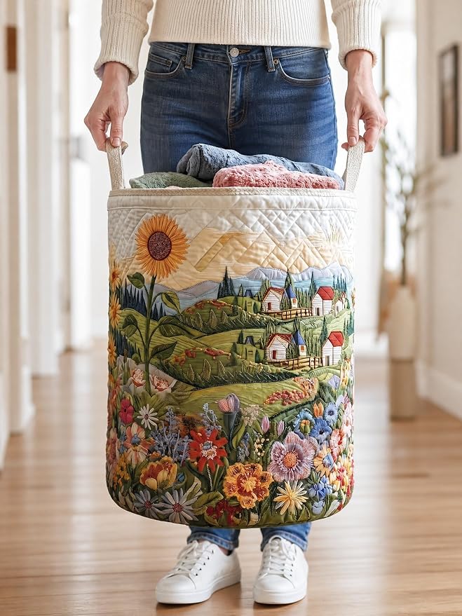 Quilted Laundry Basket with Handles, Boho Floral Quilted Storage Hamper, Large Capacity Laundry Hamper for Nursery Bedroom Laundry Room Home Decor (Pattern 09, Small (18"H x 14"W x 14"L))