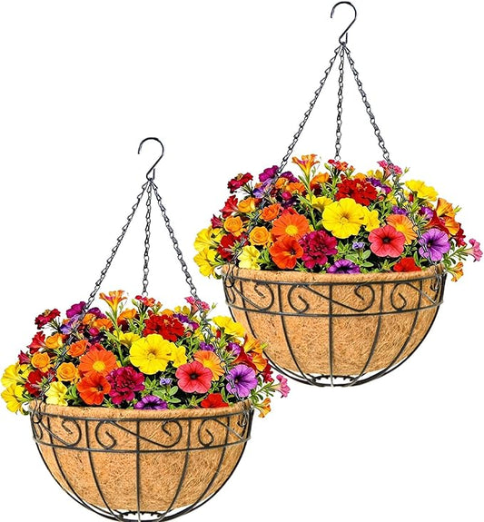 2 Pack 12" Round Metal Hanging Basket for Outdoor Plants Durable Large Hanging Planter with Coco Coir Round Plant Holders Planter for Outside Garden Decoration (Flower Border)