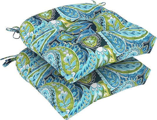 DYTXIII Set of 2 Outdoor Chair Cushions 19"x19"x4", Water Repellent Tufted Patio Seat Cushions with Ties, Thick Replacement Pads for Wicker Dining Chairs, Patio Furniture, Paisley Lapis Green
