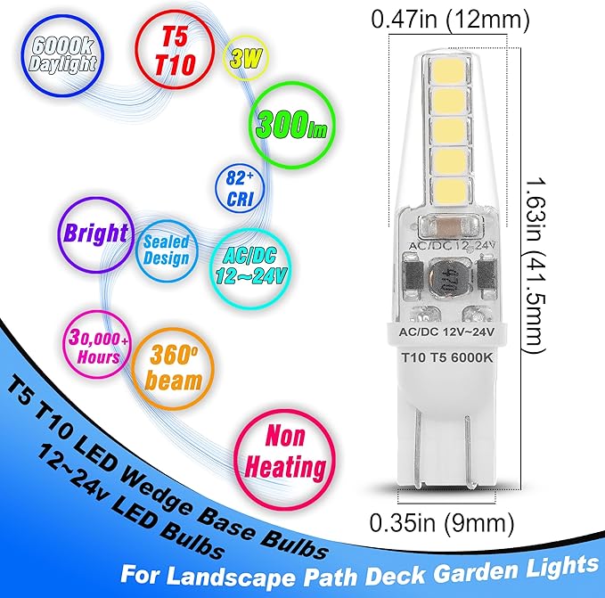 Heifymi 3 Watt T5 T10 LED Wedge Base Light Bulbs AC/DC 12V-24V Equivalent 25W-30W 6000K Daylight White 300lm T10 921 194 LED Bulbs for RV Camper Marine Boat Landscape Driveway Patio Lighting, 10 Pack