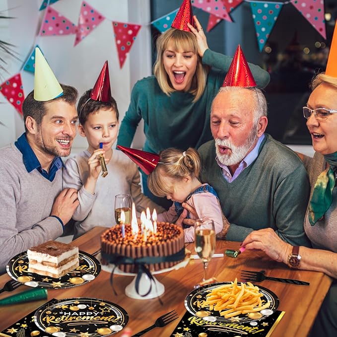 48Pcs Black and Gold Retirement Party Supplies Happy Retirement Party Plates Napkins and Forks Decorations Set for 16 Guests