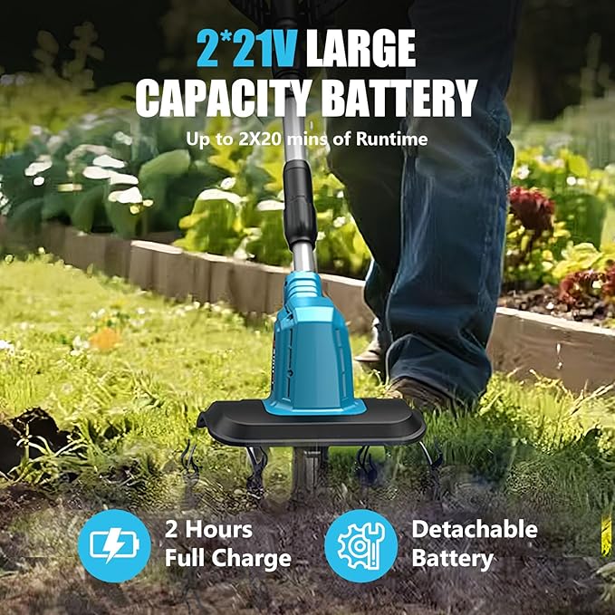 21V Electric Cordless Tiller Cultivator, 360RPM Garden Tiller with 2 x 4.0Ah Batteries Charger, 12In Tilling Width & 8In Depth Garden Rototiller for Lawn, Gardening, Soil Cultivation (Blue-1)
