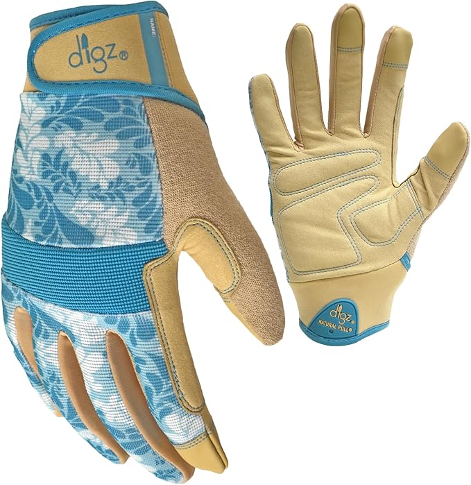 Digz Large Gardening Gloves for Women High Performance Thorn Proof Touchscreen Fingertips Reinforced Palm and Knuckle Padding Blue Leaves Pattern, 7607-23