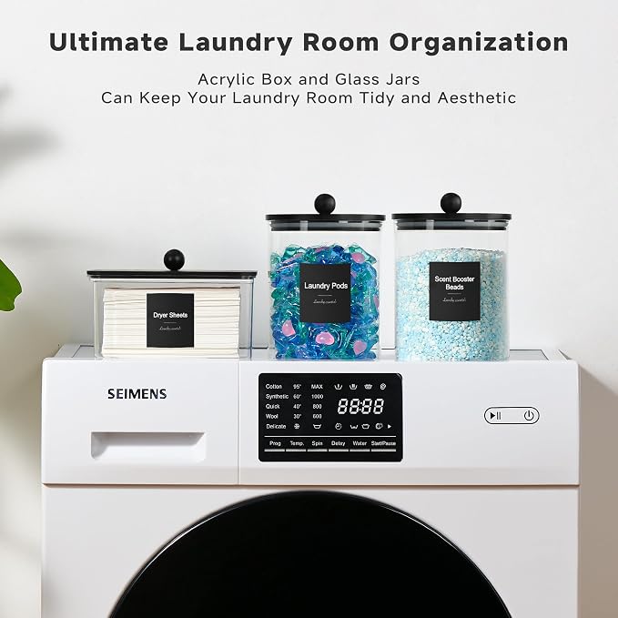 Glass Laundry Pods Container & Acrylic Dryer Sheet Holder with Balck Bamboo Knobs Lids, Scoops & Labels | Premium Laundry Room Organization and Storage for Detergent Pods, Powder, Dryer Balls & Beads