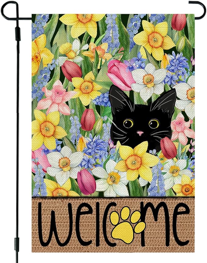 CROWNED BEAUTY Spring Garden Flag Black Cat 12x18 Inch Double Sided Small Seasonal Holiday Floral Decoration for Outdoor Lawn Yard