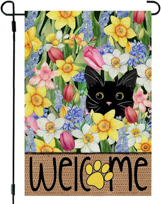 CROWNED BEAUTY Spring Garden Flag Black Cat 12x18 Inch Double Sided Small Seasonal Holiday Floral Decoration for Outdoor Lawn Yard