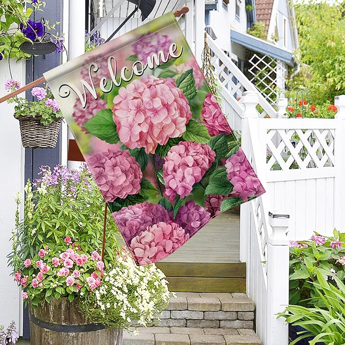 Hzppyz Welcome Spring Summer Hydrangea House Flag Double Sided, Pink Floral Flower Decorative Garden Yard Outdoor Large Decor, Seasonal Burlap Home Outside Decoration 28 x 40