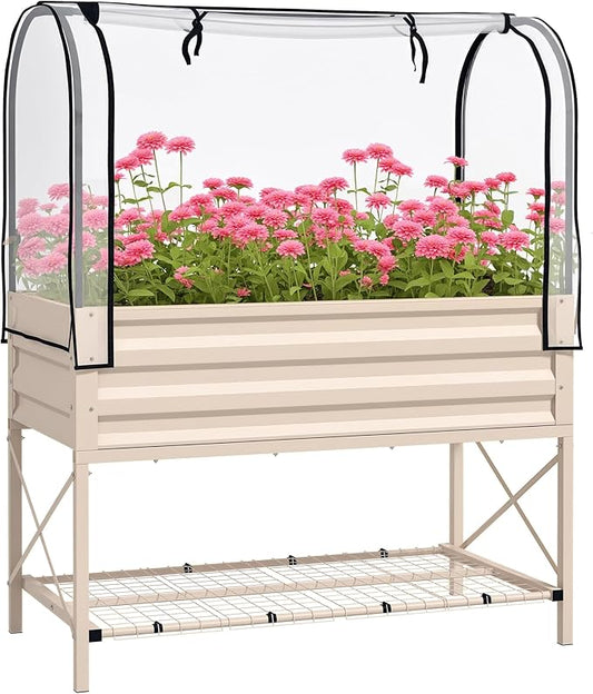 Outsunny Raised Garden Bed with Cover and Storage Shelf, Rectangular Metal Elevated Planter Box with Legs and Bed Liner for Vegetables, Flowers, Herbs, Cream
