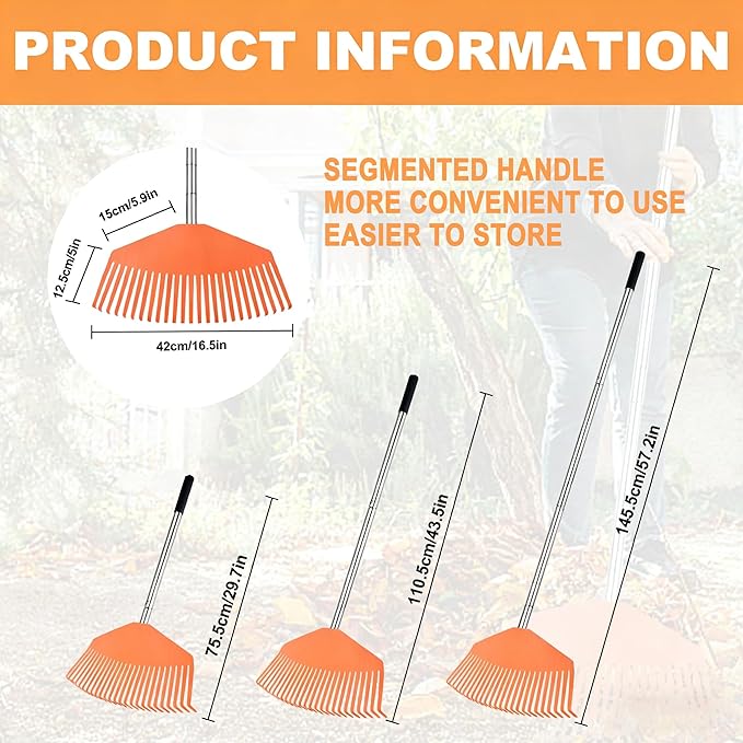 YEELOR 16.5-Inch Wide Adjustable Handle Leaf Rake - Plastic Rake Head, Lightweight & Compact, Used for Leaf Collection, Suitable for Small-Scale Cleanup, Ideal for Seniors and Kids