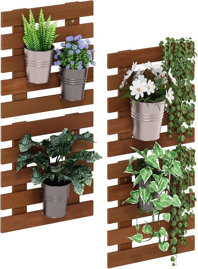 Furinno TIOMAN Outdoor Vertical Wall Planter, Set of 4 Wooden Hanging Planters, for Indoor, Outdoor Plants, Balcony, Patio, Natural