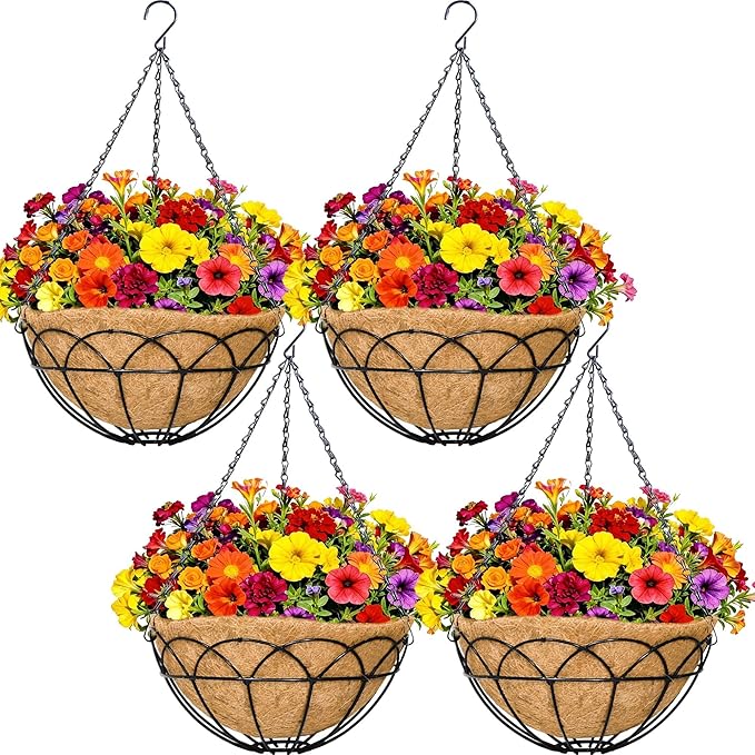4 Pack 12" Round Metal Hanging Basket for Outdoor Plants Durable Large Hanging Planter with Coco Coir Round Plant Holders Planter for Outside Garden Decoration (Lotus)