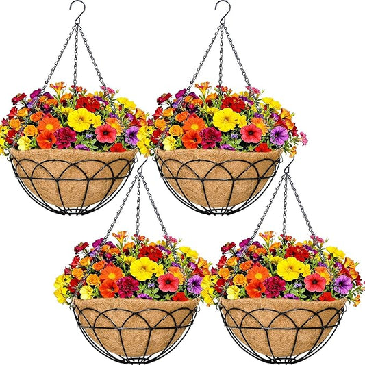 4 Pack 12" Round Metal Hanging Basket for Outdoor Plants Durable Large Hanging Planter with Coco Coir Round Plant Holders Planter for Outside Garden Decoration (Lotus)