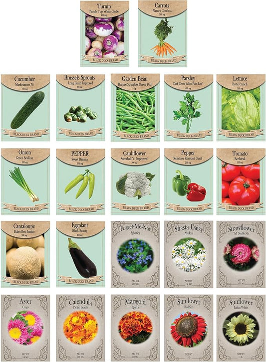 Flower & Vegetable Seed Set - 22 Varieties of Non-GMO Heirloom Premium Seeds for Planting - Brussel Sprouts, Cantaloupe, Peppers, Marigolds, and More