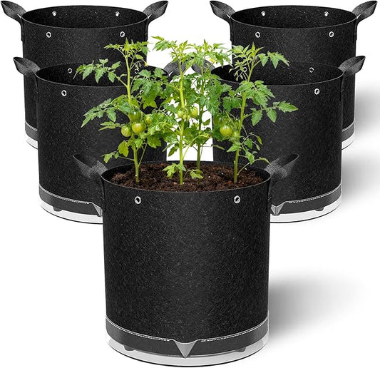 5 Pack 7 Gallon Self-Watering Grow Bags, Thick Nonwoven Fabric Pots with Support Rings and Reinforced Handles, Self-Watering Planter with Bottom Reservoir for Tomatoes Peppers Potatoes and Vegetables