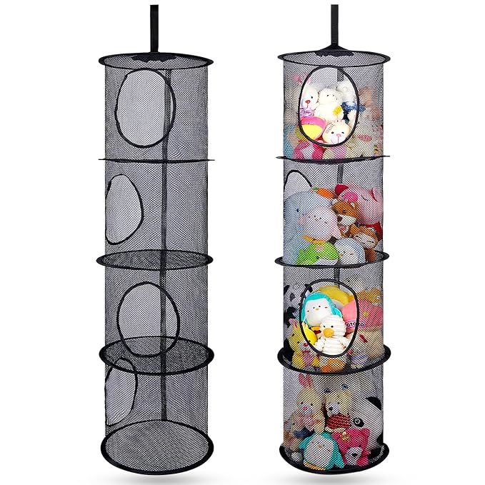 Basumee Hanging Stuffed Animals Storage, 2 Pack Mesh Plush Storage, 4-Tier