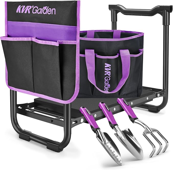Garden Stool & Kneeler 7-Piece Set with 3 Aluminum Tools, Double-Layer Tote Bag & 2 Side Pouches - Foldable Gardening Bench Kit - Ideal Gifts for Women Mom Seniors (Purple)