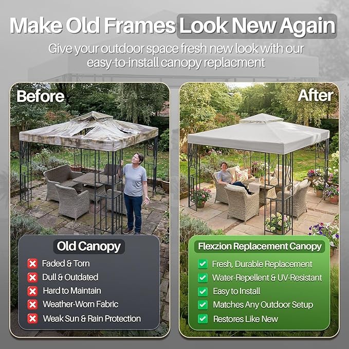 Flexzion Gazebo Cover Replacement Canopy Top 10x10 Ft (3m x 3m) - Double Tier Top Canopy Cover Replacement with UV30+, Dirt, Water Resistant for Outdoor, Sunshade, Garden, Patio, Pavilion (Gray)