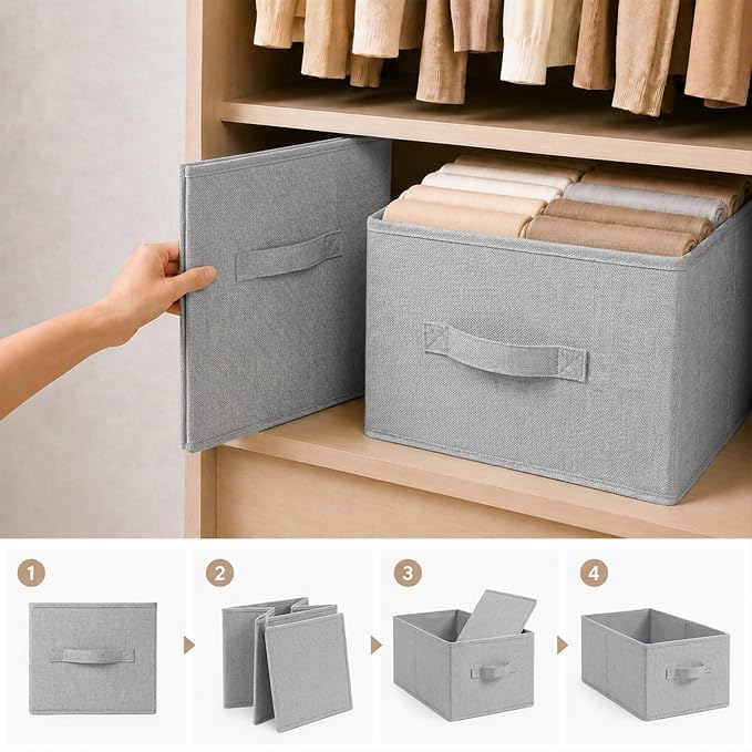 LayerSpace 3 Pack Fabric Storage Bins for Shelves | 14.75x10.25x8.25 in Storage Baskets | Fabric Closet Organizers with Handles Home Organization | Linen Clothes Storage Bins | Light Gray | Thickened Rigid PP Panels, Cotton-linen Shelf Baskets, Measure...