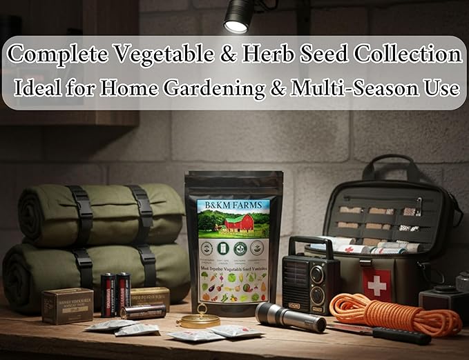 B&KM Farms Heirloom Vegetable Seeds Variety Pack – 20 Varieties, 40 Packets, 20,000+ Non-GMO Seeds – Water-Resistant Reclosable Packaging – Home Garden Starter Kit