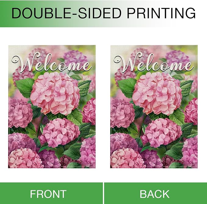 Hzppyz Welcome Spring Summer Hydrangea House Flag Double Sided, Pink Floral Flower Decorative Garden Yard Outdoor Large Decor, Seasonal Burlap Home Outside Decoration 28 x 40