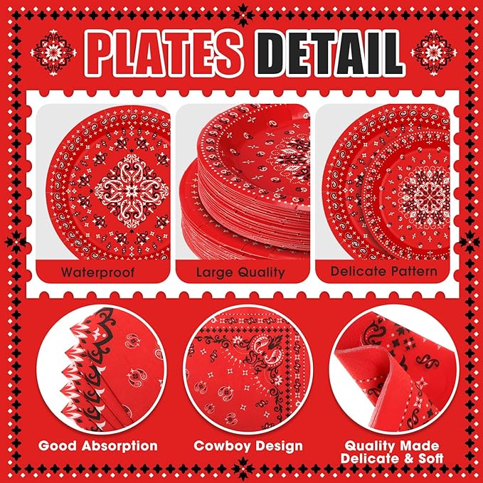 Funnymoom 400 Pcs Western Cowboy Party Supplies for 50 Guests Red Bandana Western Paper Plates and Napkins Knives Spoon Fork Cup Disposable Paisley Farm Dinner Party Set for Baby Shower Birthday