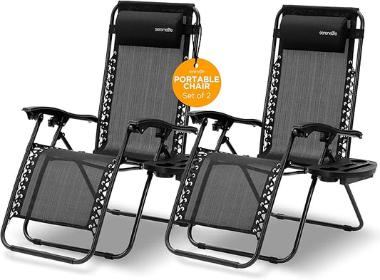SereneLife Zero Gravity Outdoor Lounge Chairs 2 Pack – Folding Recliners with Side Table, Cup Holder & Padded Headrest – Adjustable Patio Chairs for Lawn, Garden, Deck, Camping (Black)