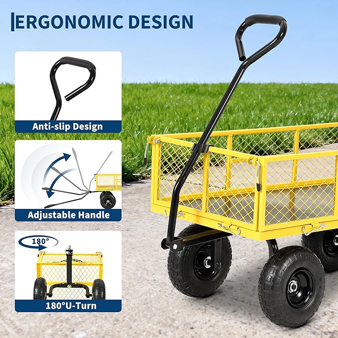 900 Lbs Heavy Duty Steel Garden Cart, Garden Wagon Cart on Wheels, Outdoor Metal Yard Utility Wagon Carts with and Mesh Removable Sides and 180°Rotating Handle,Yellow