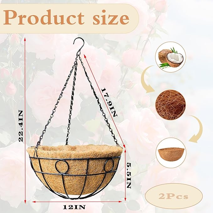 2 Pack 12" Round Metal Hanging Basket for Outdoor Plants Durable Large Hanging Planter with Coco Coir Round Plant Holders Planter for Outside Garden Decoration (Circular)