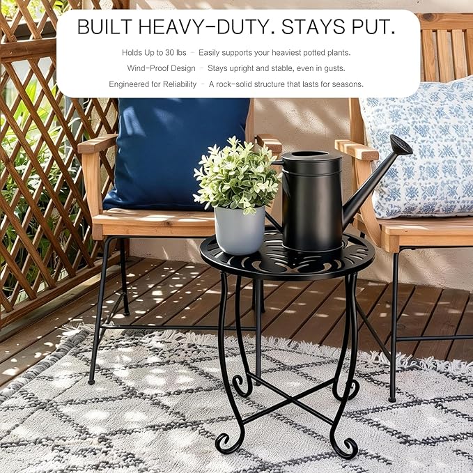 Outdoor Side Tables 2 Pack, 15" Height Tool-Free Metal Patio End Table with Monstera Pattern, Compact Space Saving Plant Stand for Balcony Porch Deck, Weather Resistant, Black