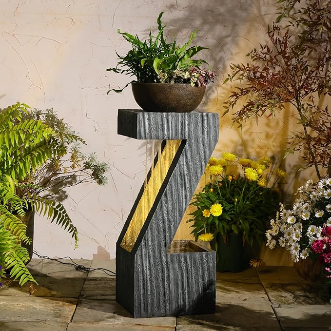 32" Modern Z-Shaped Rain Curtain Outdoor Fountain with LED Lights, Gray Resin Cascading Waterfall Water Feature for Patio, Backyard, Garden or Porch