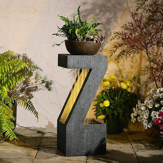 32" Modern Z-Shaped Rain Curtain Outdoor Fountain with LED Lights, Gray Resin Cascading Waterfall Water Feature for Patio, Backyard, Garden or Porch