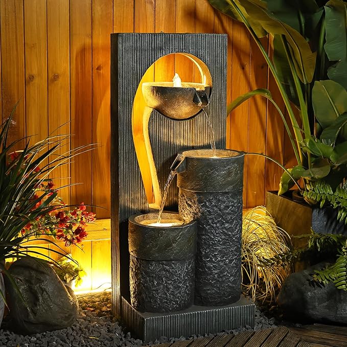 Tankana Outdoor Water Fountain Garden Waterfall - Large Zen Indoor Fountains Modern Freestanding Water Features with Lights and Pump for Patio Yard Deck Porch Pool Gray