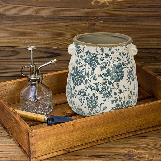 Dosayes Teal Ceramic Pot for Planter, Vintage Flower Pot with Drainage Holes, 6.3 inch Ice Crack Glazed Indoor Planters Pot with Handle (Cyan)